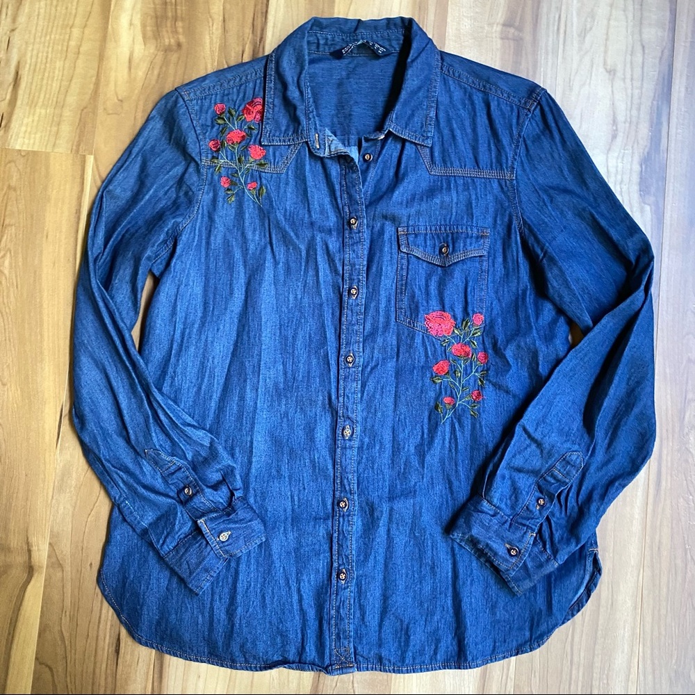 Zara Western Jean Shirt with Embroidered Roses